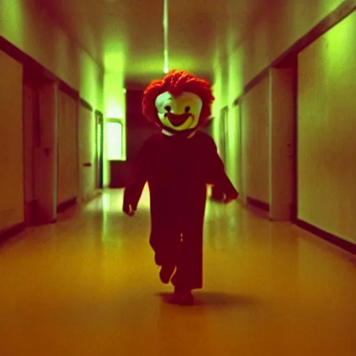 Prompt: A creepy photo of Ronald McDonald chasing you in an empty hallway, disposable film