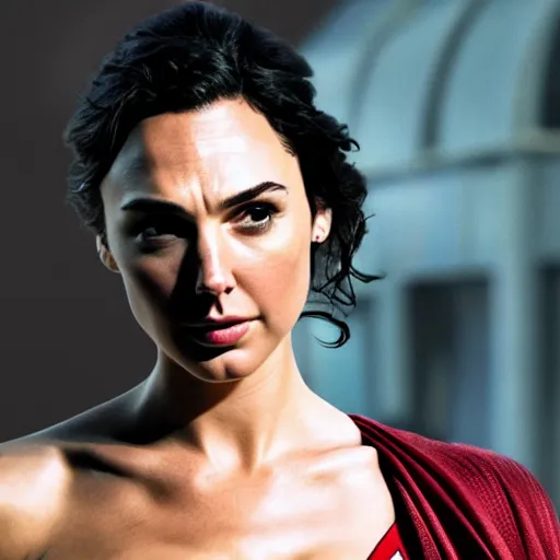 Image similar to an potrait of gal gadot play Man of Steel replacing Henry Cavill, photorealistic, high detail, view from middle, testing custom, 4k