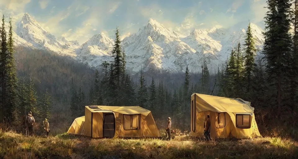 Image similar to cabela's beautiful comfortable carbon framed, modular insulated wall portable container home kit - house all weather family dwelling tent house, person in foreground, mountainous forested wilderness open fields, beautiful views, painterly concept art, environmental concept art, concept art illustration, by james gurney, by craig mullins, by greg rutkowski trending on artstation