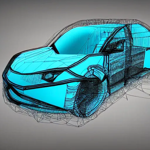 Image similar to molten turquoise covers a transparent car wireframe, digital art