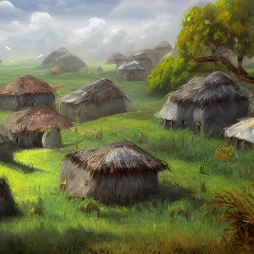 Image similar to the village of kifiti, oil painting, pale colors, high detail, 8 k, wide angle, trending on artstation,