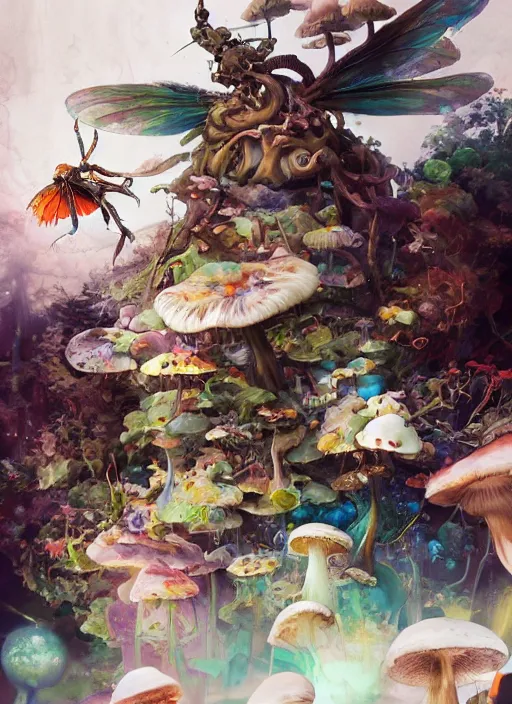 Prompt: surreal gouache painting, by yoshitaka amano, by ruan jia, by Conrad roset, by good smile company, detailed anime 3d render of a wild mushroom Surrounded by magical dragonfly and a big DJ Mixer, deck, portrait, cgsociety, artstation, rococo mechanical and Digital and electronic, dieselpunk atmosphere