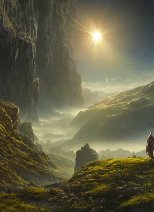 Image similar to a cosmic monk in lord of the rings scenery landscape, looking out at a lush valley, gigantic alien spacecraft in the sky, sunrise, god's rays, highly detailed, vivid color, cinematic lighting, perfect composition, 8 k, gustave dore, derek zabrocki, greg rutkowski, belsinski, octane render