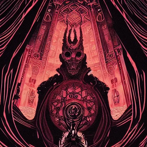 Prompt: red curtains, black paper + tarot card + eldritch god, vintage detailed sci-fi illustration designed by Marc Simonetti and Mike Mignola + psychedelic black light style + intricate ink illustration + symmetry + bloodborne, dark and mysterious, atmospheric, ominous, eerie, cinematic, 4k, ultra detail, ultra realistic