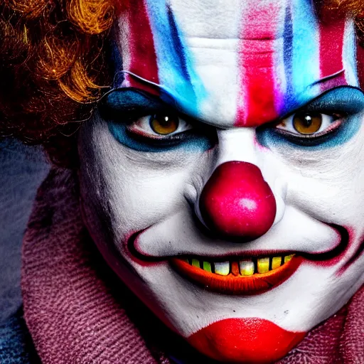 Prompt: mattia binotto, clown makeup, widelens, realistic, hdr, red clown nose, colorful wig