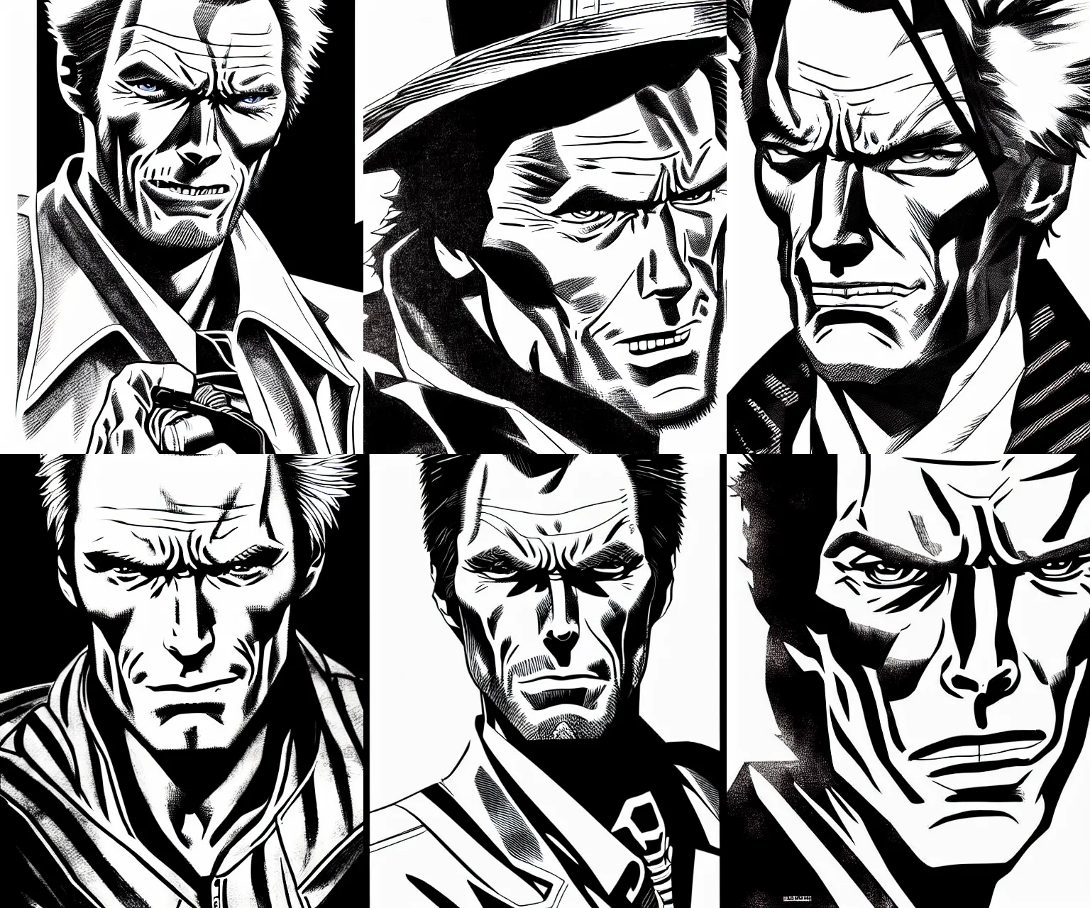 Prompt: Digital ink close up drawing of Clint Eastwood from JoJo\'s Bizzare Adventure, highly detailed, sharp focus, screentone shading, 1990 manga panel, trending on ArtStation, manga cover art drawn by Hirohiko Araki