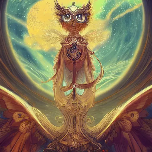 Image similar to highly detailed anime Owl with golden star dust feathers in the style of Fantasy Anime by Peter Mohrbacher, background with cosmic reality by Walter Crane, trending on artstation, HD,