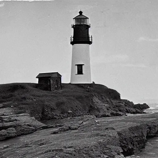 Image similar to worshippers dressed in robes belonging to the cult of the lighthouse. Dilapidated 1800s lighthouse. Unnaturally tall lighthouse. Beacons of light. 1800s photo.