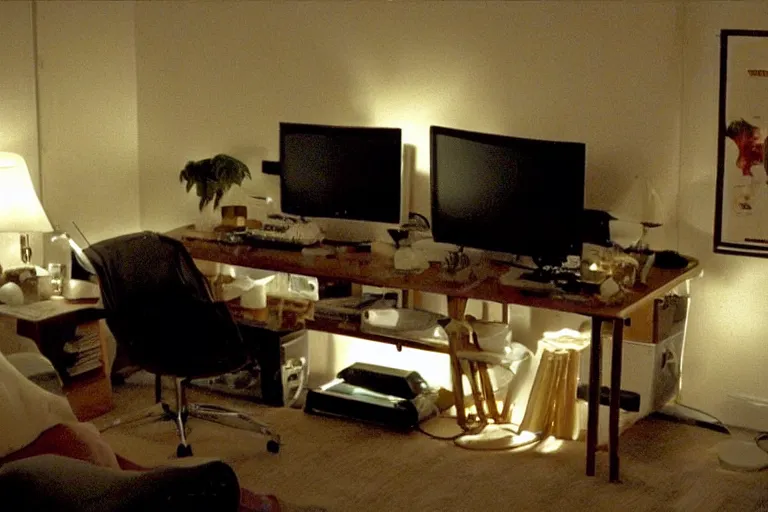 Image similar to apartment organization inspo in bamboo, in 2 0 5 5, y 2 k cybercore, low - light photography, bathed in the glow of a crt monitor, still from a ridley scott movie