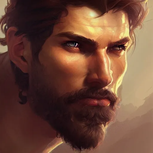 Image similar to portrait of rugged male ranger d & d muscular fantasy intricate elegant headshot portrait detailed face coherent face highly detailed digital painting artstation concept art smooth sharp focus illustration art by artgerm and greg rutkowski and alphonse mucha