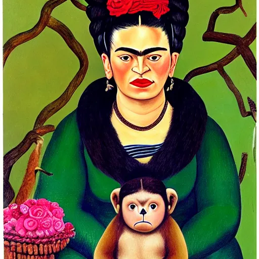 Prompt: frida kahlo as a young girl with her monkey and flowers by fernando botero