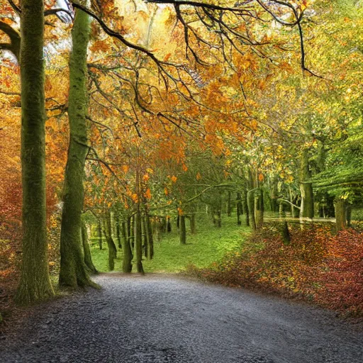 Prompt: autumnal british woodland scene, 3d, cgi, vector graphics, undulating terrain, blue sky visible through the canopy, leaves on the ground, autumnal colours