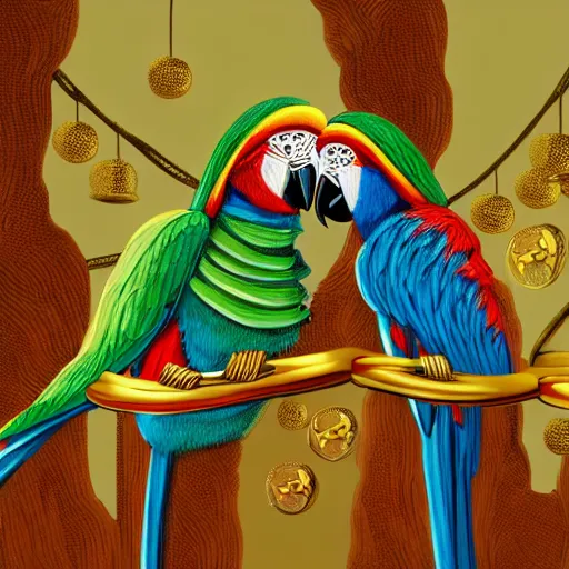 Image similar to parrots dressed in golden rings, necklaces and with caps on head, rapping and sitting on golden trees, rap scene, jungle concept art, trending on artstation, highly detailed, digital art, 8 k