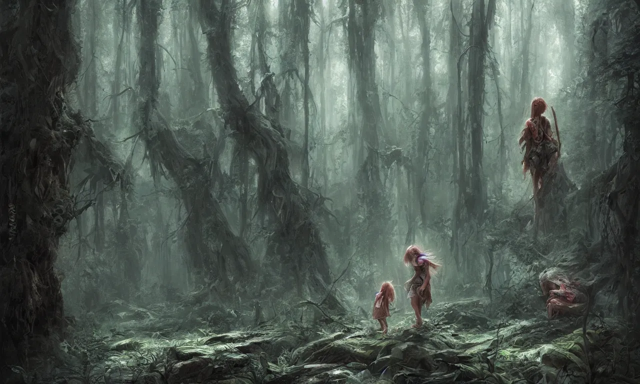 Prompt: a beautiful painting of a weeping kid in the middle of a dense scary forest by John Blanche and Greg Rutkowski, trending on Artstation, midjourney