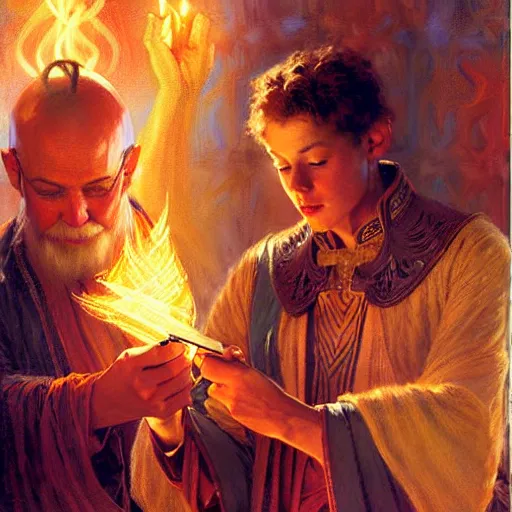 Image similar to stunning male master wizard teaching his son how to cast fire spell, highly detailed painting by gaston bussiere, craig mullins, j. c. leyendecker, 8 k