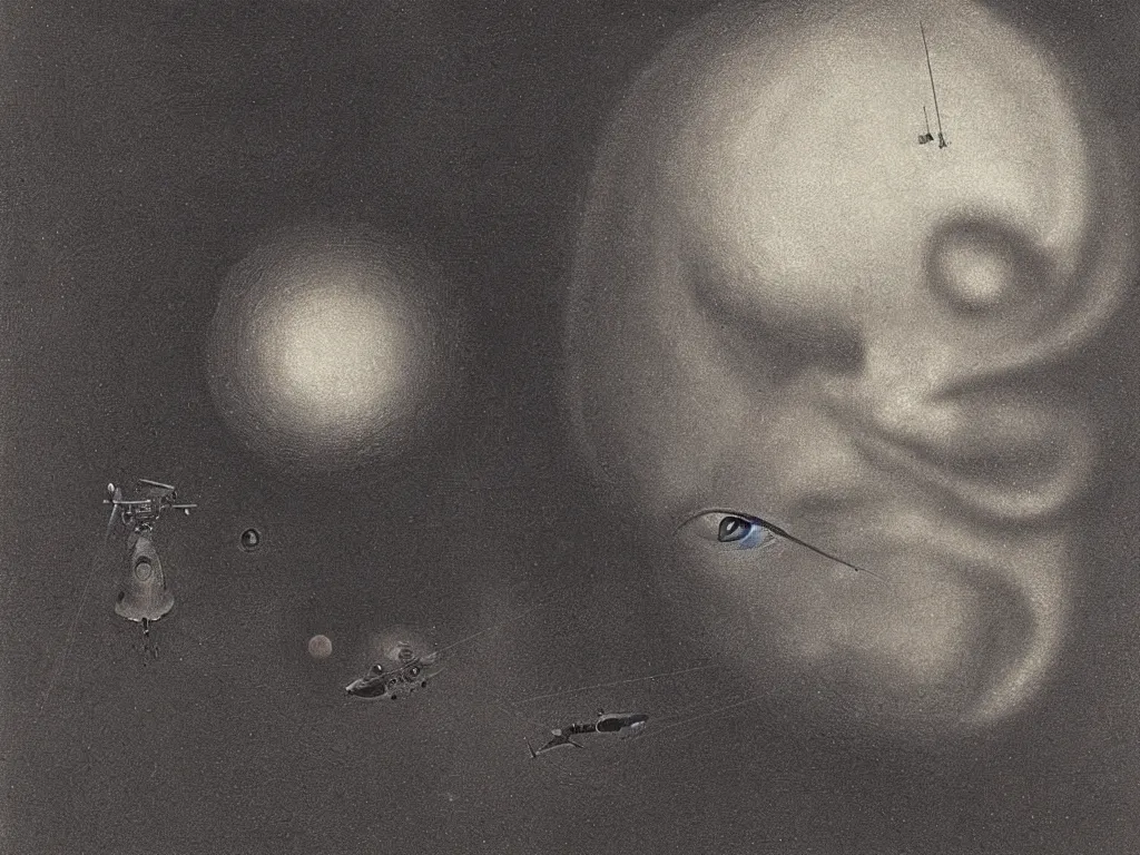 Image similar to dream bot mothership above the close up of the forehead of a sleeping man. painting by bosch, karl blossfeldt, beksinski