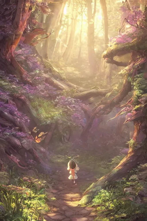 Image similar to forest path, fairy, beautiful ancient trees, hiding large treasure chest, glowing fireflies, serene evening atmosphere, soft lens, soft light, cel - shading, animation, in the style of cgsociety, deviantart, artstation, zbrush, cinema 4 d, studio ghibli, akihiko yoshida, atelier lulua, masamune shirow