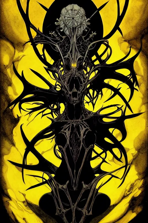 Image similar to black and yellow flat color, artgerm, joshua middleton, mucha, beksinski, moebius, heavy metal comic cover art, psychedelic triangular skeletal calcification fungus lich in darkiron spike armor, full body, hollow eyes, symmetrical face, long black crown, in a dungeon background, moody dark colors