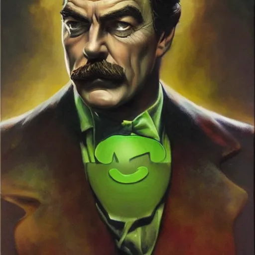 Prompt: ultra realistic head and shoulders portrait painting of tom selleck as the riddler, art by frank frazetta, 4 k, ultra realistic, highly detailed, epic lighting