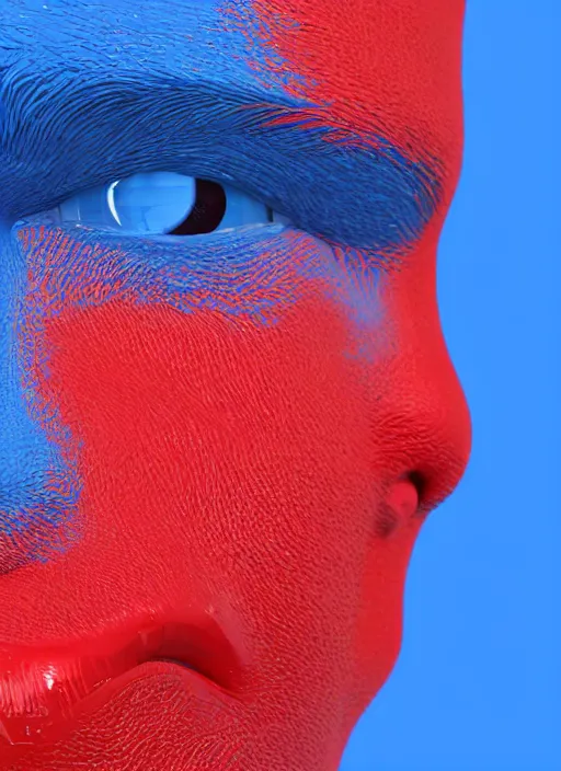 Image similar to a close up of a red mans face with blue eyes, an album cover by jacob toorenvliet, featured on behance, cubo - futurism, rendered in cinema 4 d, sketchfab, rendered in maya, red shift, synthwave, by enguerrand quarton, by alesso baldovinetti, 3 d render, holography,