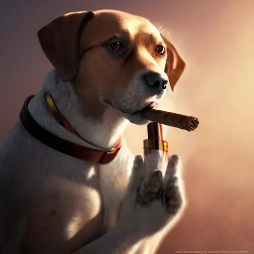 Prompt: a dog wearing smoking a cigar, dramatic lighting, cinematic, establishing shot, extremly high detail, photorealistic, cinematic lighting, concept art, artstation, style by greg rutkowsky