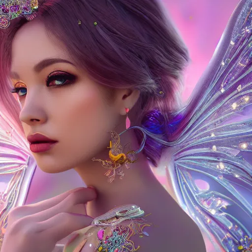 Image similar to side portrait of fairy princess, beautiful, attractive, glowing, ornate and intricate, jaw dropping, dynamic lighting, colorful, fairy tale, intricate and detailed, 4 k octane render, intricate wings
