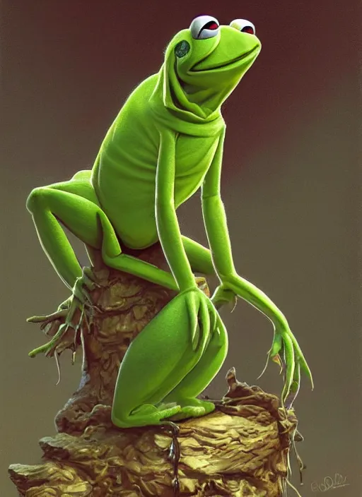 Image similar to portrait of Kermit the frog in Society (1989), highly detailed, centered, solid color background, digital painting, artstation, concept art, smooth, sharp focus, illustration, artgerm, donato giancola, Joseph Christian Leyendecker, Les Edwards, WLOP, Lovecraftian