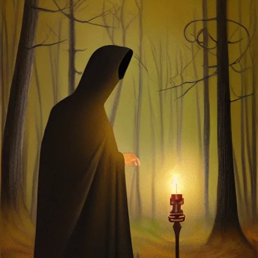 Image similar to dark eerie painting of a cloaked figure holding a lantern in the forest