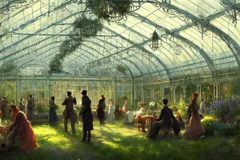 Prompt: an ornate victorian greenhouse, party in front, scene in an open field. 1 8 9 0, key visual, conceptart, ambient lighting, highly detailed, digital painting, artstation, concept art, sharp focus, by makoto shinkai and akihiko yoshida and greg manchess