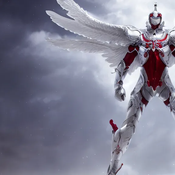 Image similar to cinematic full body shot of a male angel flying, white metallic armor, red cape, elegant pose, detailed arms, detailed white armor, two arms, two legs, detailed fanart, macro art, realistic digital art, DeviantArt, artstation, 3D realistic, 8k HD, octane render