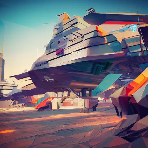 Image similar to super detailed color lowpoly art, big graphic seiner ship, unreal engine, high contrast color palette, 3 d render, lowpoly, colorful, digital art, perspective, full volume composition, syd mead