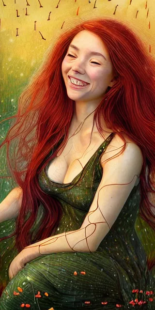 Prompt: infp young woman, smiling, amazed by golden fireflies lights, sitting in the midst of nature fully covered, long loose red hair, intricate linework, green eyes, small nose with freckles, oval shape face, realistic, expressive emotions, dramatic lights mystical scene, hyper realistic ultrafine art by michael cheval, jessica rossier, boris vallejo