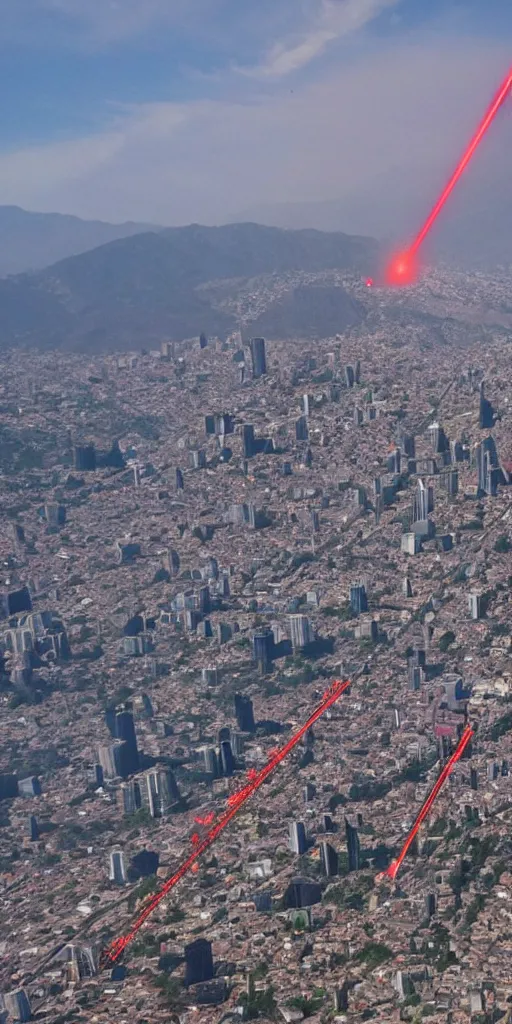 Image similar to flying pudú destroying Santiago de Chile with laser beams from their eyes