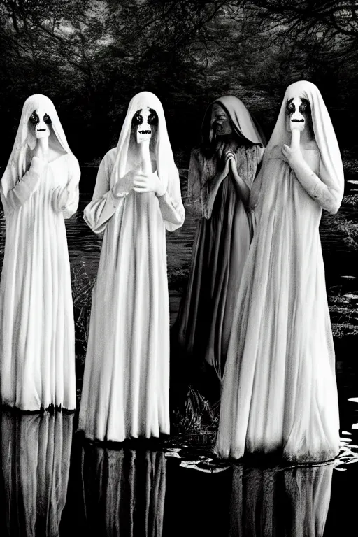 Image similar to 4 ghostly brides standing in a pond, cinematic, horror, photorealistic, vintage, unsettling