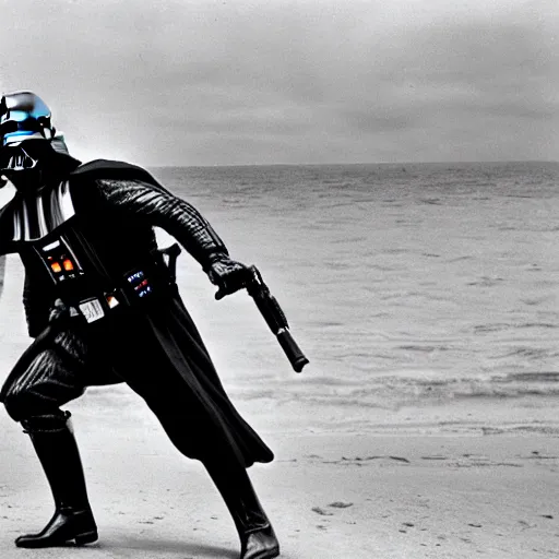 Image similar to a world war 2 award winning photo of darth vader storming the beach