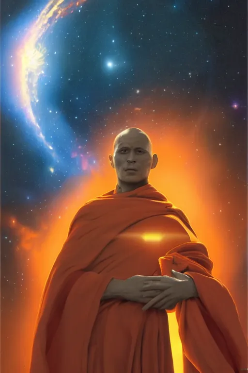 Image similar to portrait of a monk in a spaceship, looking at a nebula, orange robe, dramatic lighting, artstation, matte painting, ralph mcquarrie