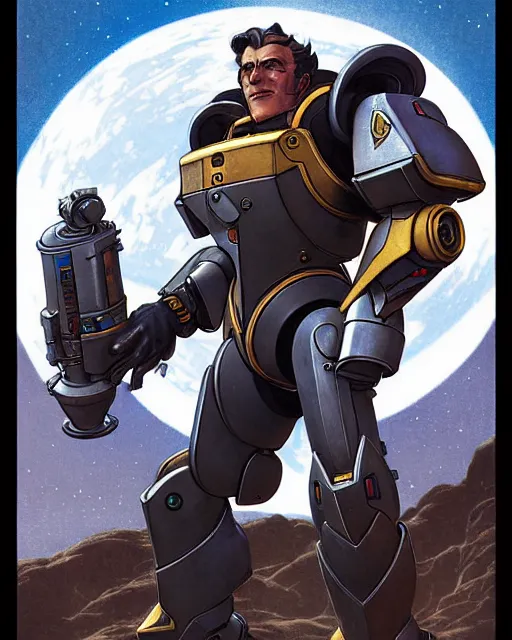 Image similar to reinhardt from overwatch, character portrait, portrait, close up, concept art, intricate details, highly detailed, vintage sci - fi poster, retro future, in the style of chris foss, rodger dean, moebius, michael whelan, and gustave dore