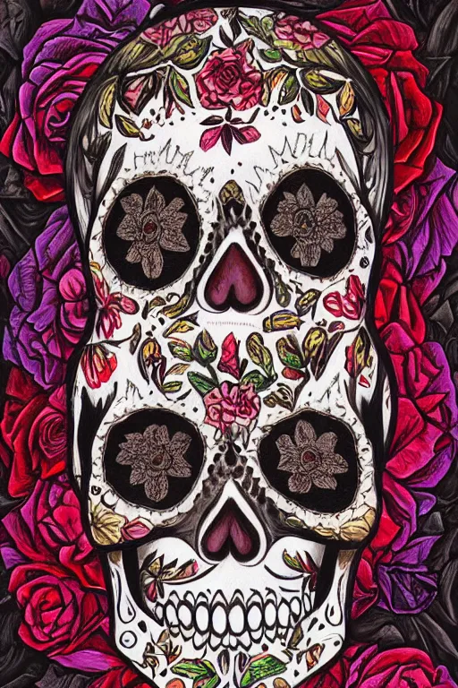 Image similar to illustration of a sugar skull day of the dead girl, art by dan seagrave