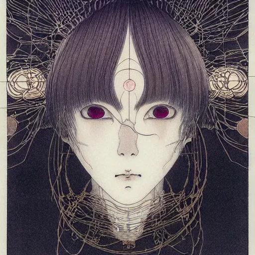 Image similar to prompt: Fragile looking soft light portrait face drawn by Takato Yamamoto and Katsuhiro Otomo, inspired by Ghost in Shell anime, magical and alchemical objects on the side, soft light, intricate detail, intricate ink painting detail, sharp high detail, manga and anime 2000