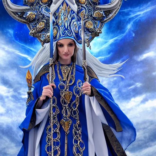 Image similar to elemental sky witch in ornate blue and white robes and staff, highly detailed, 8 k, hdr, anne stokes