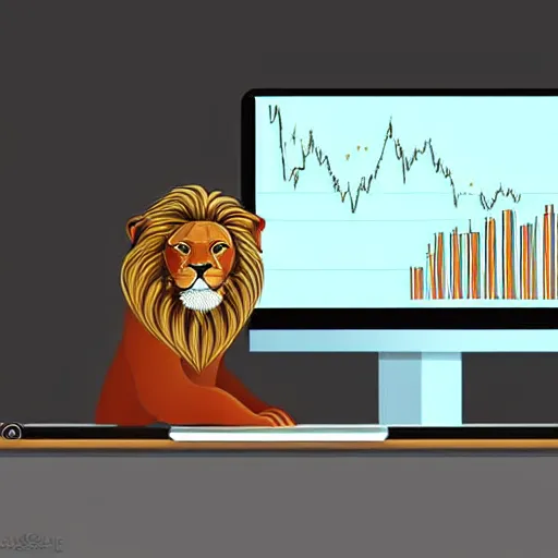 Prompt: Lion using computer, trading stocks, candle stick chart on screen, digital art, realistic, trending on artstation