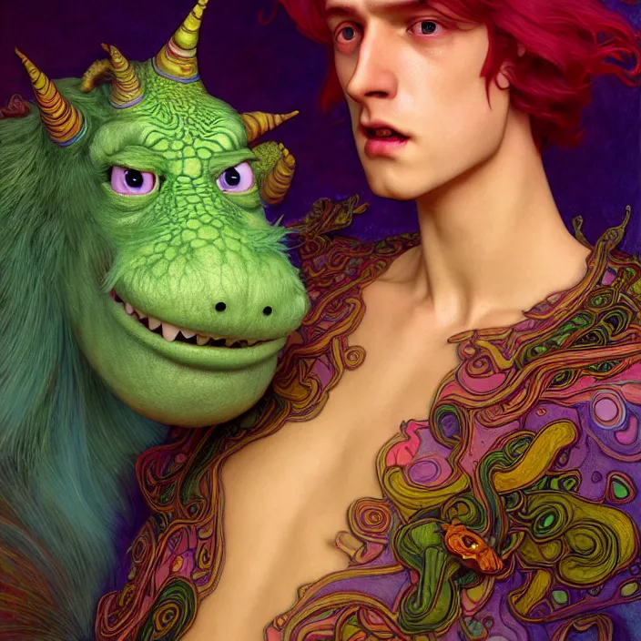 Image similar to psychedelic Sully from Monster’s Inc., Pixar, diffuse lighting, fantasy, intricate, elegant, highly detailed, lifelike, photorealistic, digital painting, artstation, illustration, concept art, smooth, sharp focus, art by John Collier and Albert Aublet and Krenz Cushart and Artem Demura and Alphonse Mucha