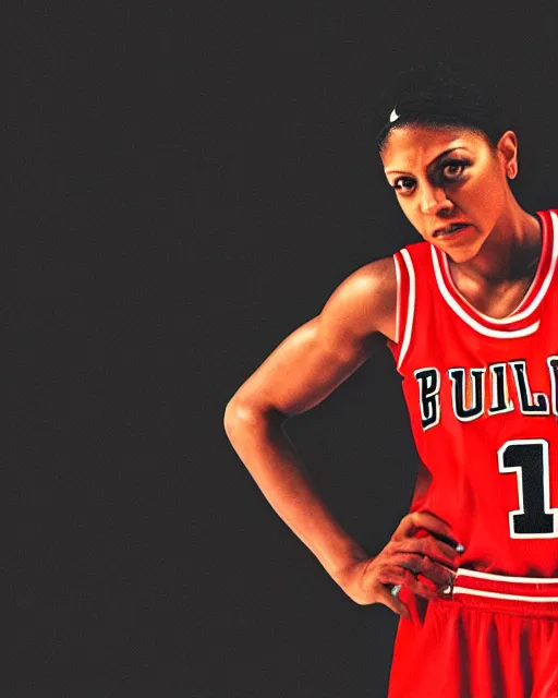 Image similar to candace parker in bulls jersey, high contrast, cinematic film still