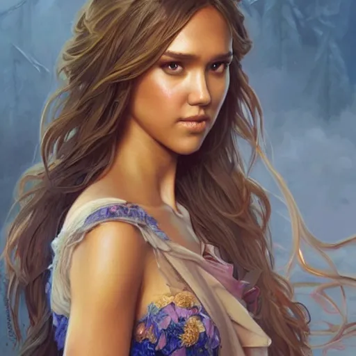 Image similar to beautiful young jessica alba like disney princess, closeup, d & d, fantasy, intricate, elegant, highly detailed, digital painting, artstation, concept art, matte, sharp focus, illustration, art by artgerm and greg rutkowski and alphonse mucha