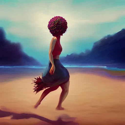 Image similar to portrait, giant rose flower head, woman running at the beach, surreal photography, sunrise, blue sky, dramatic light, impressionist painting, digital painting, artstation, simon stalenhag