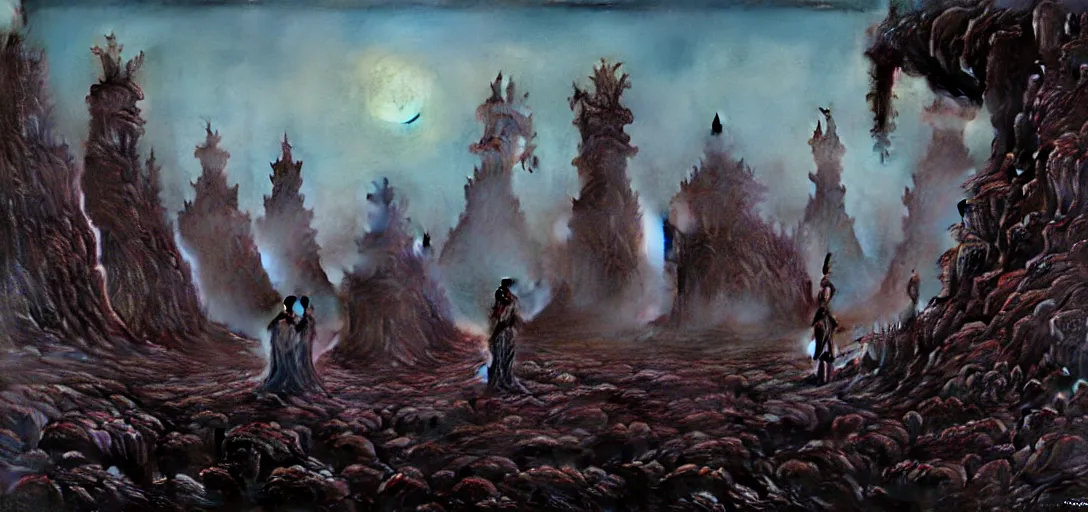 Image similar to alien landscape with eerie god statues, painted by beksinski, 4 k, intricate details, unreal engine, dynamic lighting