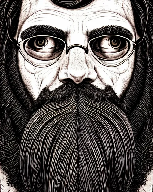Prompt: detailed hipster skinny man wearing oculus headset, long vibrant beard, dmt, by james gurney + intricate and vibrant work + portrait + trending on artstation + incredible gothic illustration + exquisite detail