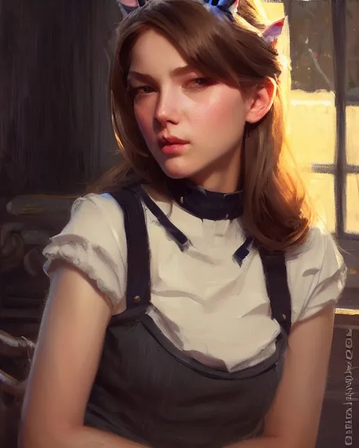 Image similar to a potrait of a girl with small cat ears, fine details. night setting. realistic shaded lighting poster by craig mullism, artgerm, jeremy lipkin and michael garmash, unreal engine, radiant light, detailed and intricate environment, digital art, trending on art station