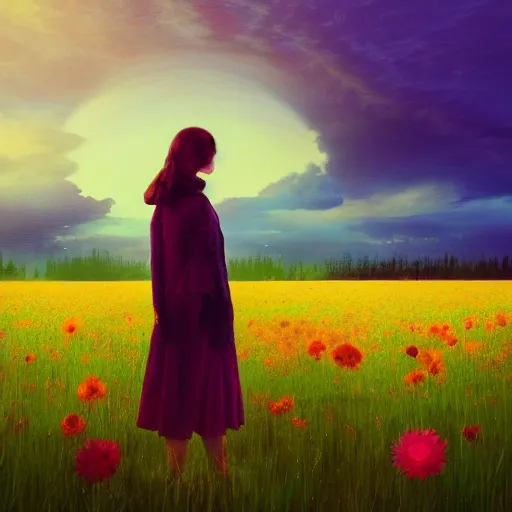 Image similar to woman with a flower face standing in flower field, surreal photography, photo manipulation, sunrise, impressionism, colorful clouds, artstation, simon stalenhag