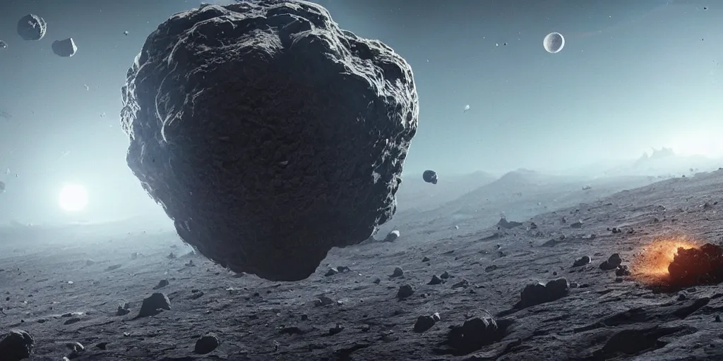 Image similar to huge asteroid destroying the moon, a lot of flying debris, greg rutkowski, 8 k, shallow depth of field, ultra high detail, concept art,